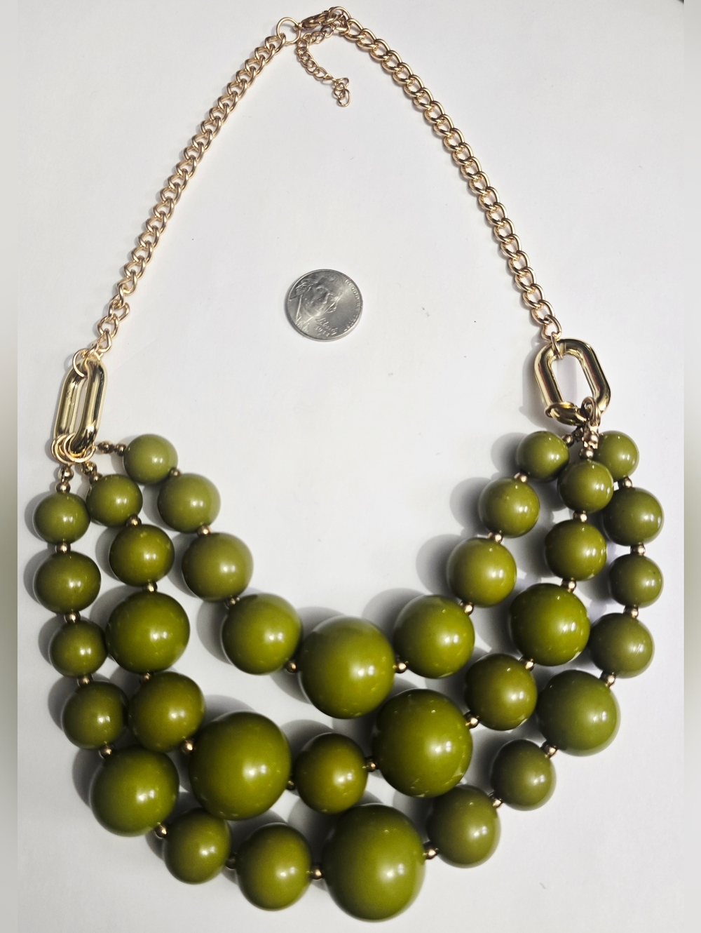 Green  Beaded Layered Statement Necklace w/ Gold Accents